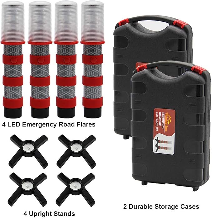 LED Safety Strobe Road Warning Light, Set of 4 | Emergency Roadside Flares Kit, Highway Beacon Alert Flare, Magnetic Base, Detachable Stand, Solid Storage Case