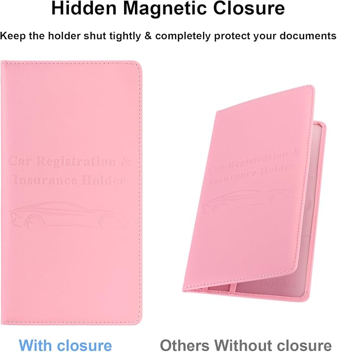 Car Registration and Insurance Holder, Car Accessories Vehicle Glove Box Car Organizer Women Car Accessories with Magnetic Shut for Cards, Essential Document, Driver License, Pink