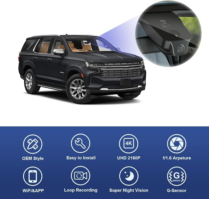 4K Dash Cam Adapts for Chevy Tahoe 2021-2026 (HD2-6275, NO Sensor Cover) LS LT RST Premier High Country, OEM Factory Style, 2160P UHD Video, WiFi & APP, Loop Recording, G-Sensor, 64GB Card