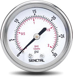 0-30 Psi Low Pressure Gauge, 2" Dial Size, 1/4 NPT Back Mount, Waterproof, Stainless Steel Case, for Water Oil Air Pressure Test
