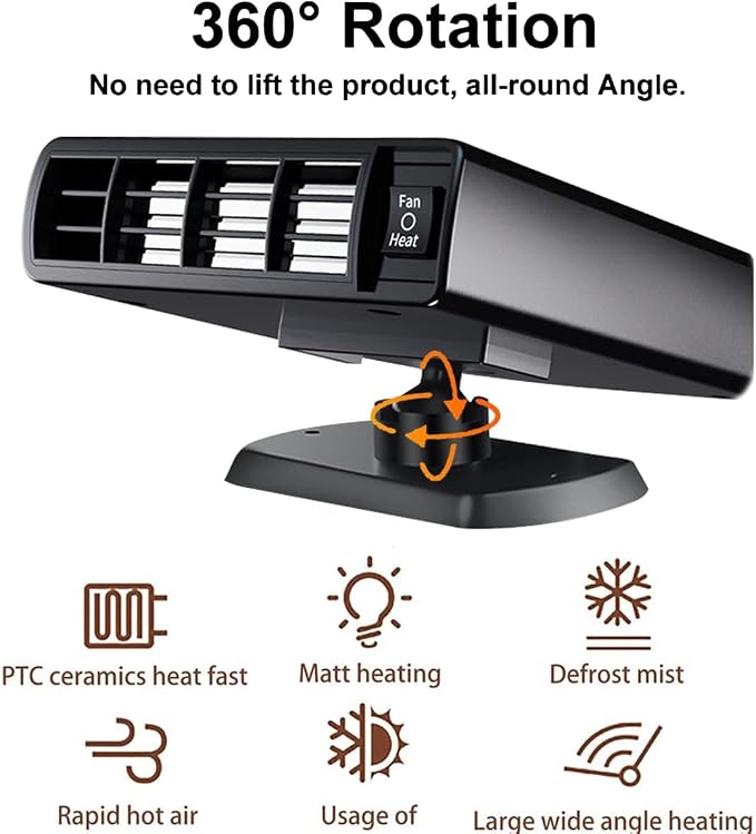 Portable Car Heater Fan, Car Defroster Defogger Heater, 12V 150W 2 in 1 Heating and Cooling Car Heater Defroster Anti-Fog, 360 °Rotatable Windshield Demister Defroster Plug in Cigarette Lighter