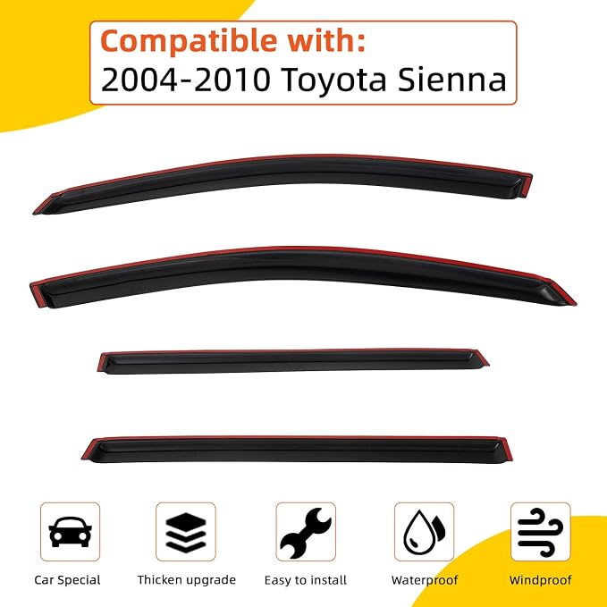Rain Guards Compatible with 2004-2010 Toyota Sienna Tape-On Side Window Visor Wind Deflector Vent Visors Car Accessories 4pcs