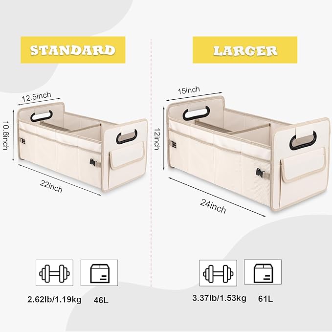 Car Trunk Organizer, Car Organizers and Storage Collapsible Multi Compartment Container Box, Adjustable Car Accessories for SUV Sedan Truck, Standard Size, Beige