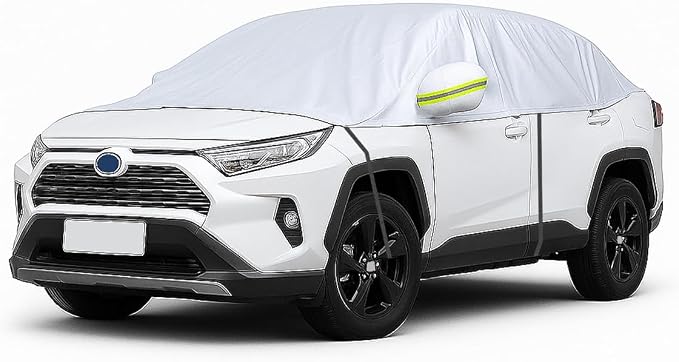 Half Car Cover for Sedan, 149" Windproof Windshield Cover, Dustproof Auto Sunroof Covers with Reflective Straps, All Season Universal Waterproof Vehicle Window Sun Protector(Hatchback)