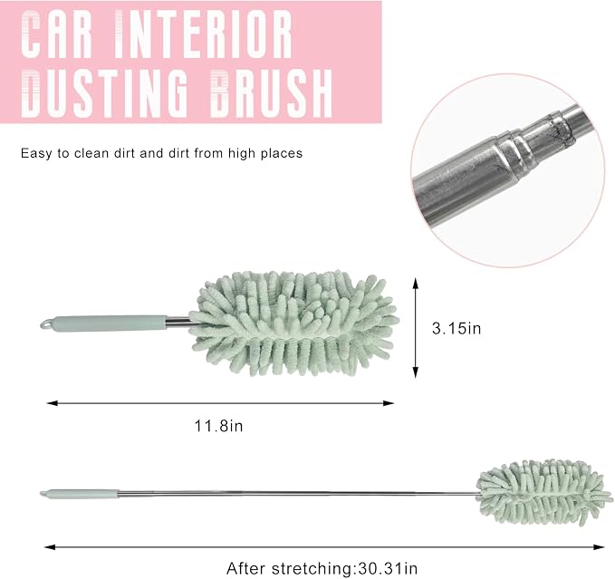 2 PCS Car Interior Duster with Extension Pole, Stretchable Chenille Vehicle Dusters with Bendable Head, Scratch Free Dusters Soft Cleaning Tool for Car Exterior & Interior (Light Green)