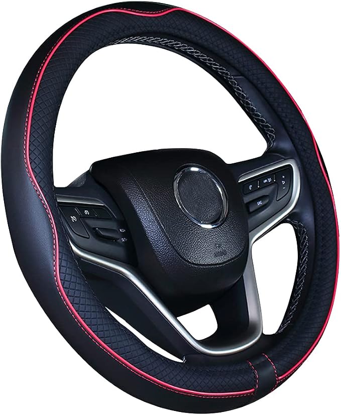 Large Size Steering Wheel Cover Anti-Slip,Safety,Soft,Breathable,Durable,Full Surround,Comfortable Grip Microfiber Leather (15.5-16 inch, Black Red)