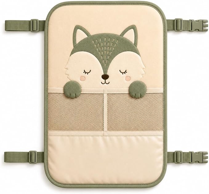 Juju Car Seat Back Protector – Padded Kick Mat with Sleepy Fox Face – Two Mesh Storage Pockets – Wipe-Clean Panel with Adjustable Straps for Backseat