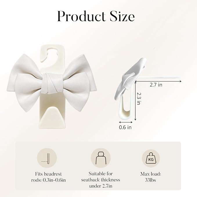 2 Pack Car Purse Hooks, Cute Bow Car Seat Headrest Hook Hanger for Purses and Bags, Space-Saving Car Accessory (Cream white)