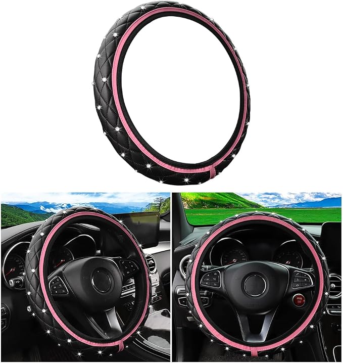 Bling Car Steering Wheel Cover, Non-Slip Elastic Stretch Leather Auto Steering Wheel Protector, Sparkling Diamond Vehicle Decor Accessories for Women Girls, Universal for Vehicles (Pink)