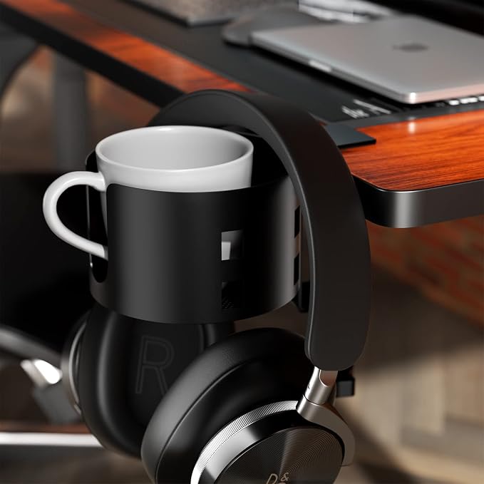 Upgraded Large Desk Cup Holder Clamp, Anti-Spill Table Cup Holder, Metal Office & PC Gaming Desk Accessories, Compatible with Universal Cup, Bottles, Pencil Holder (Black)