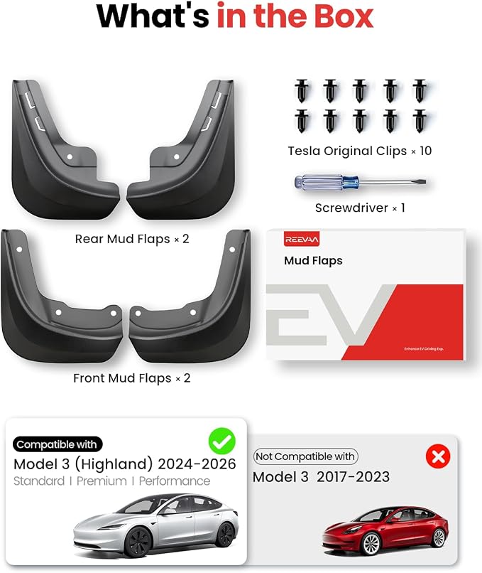 2026 Tesla Model 3 Highland Accessories - Mud Flaps [Protect Paint, No Drilling Required] All-Weather Splash Guard Body Kits for Model 3 Highland 2024-2026, Black (Set of 4)
