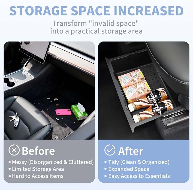 4 PCS Under Seat Storage Box Organizer Designed for Tesla Model Y 2020 2021 2022 2023 2024, （Not Fit 2025 Model Y & New Model Y Juniper）, Tesla Underseat Storage Box Bin, Black