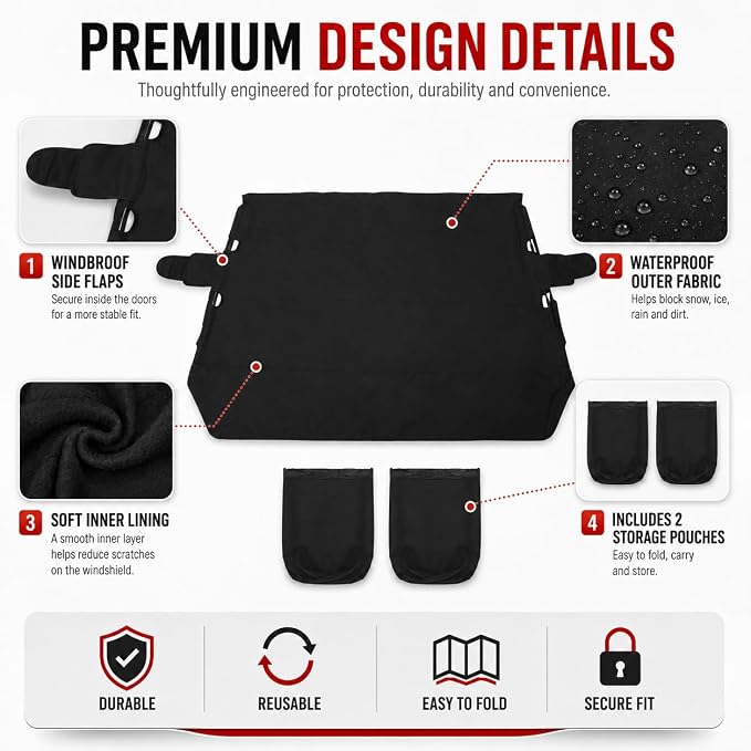 Windshield Cover for Ice and Snow Front Fit for sedans Windshield Snow Cover Car Windshield Protector Winter Car Accessories 600D Oxford Fabric Black 67"x43"