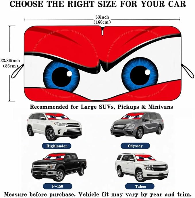 Car Windshield Sun Shade, Universal Fit Full-Size SUV Pickup MVP, Angry Red | 63 x 33.86" Large Windshield Cover, Foldable Front Window Sunshade, UV Heat Protection, Cute Eyes Series