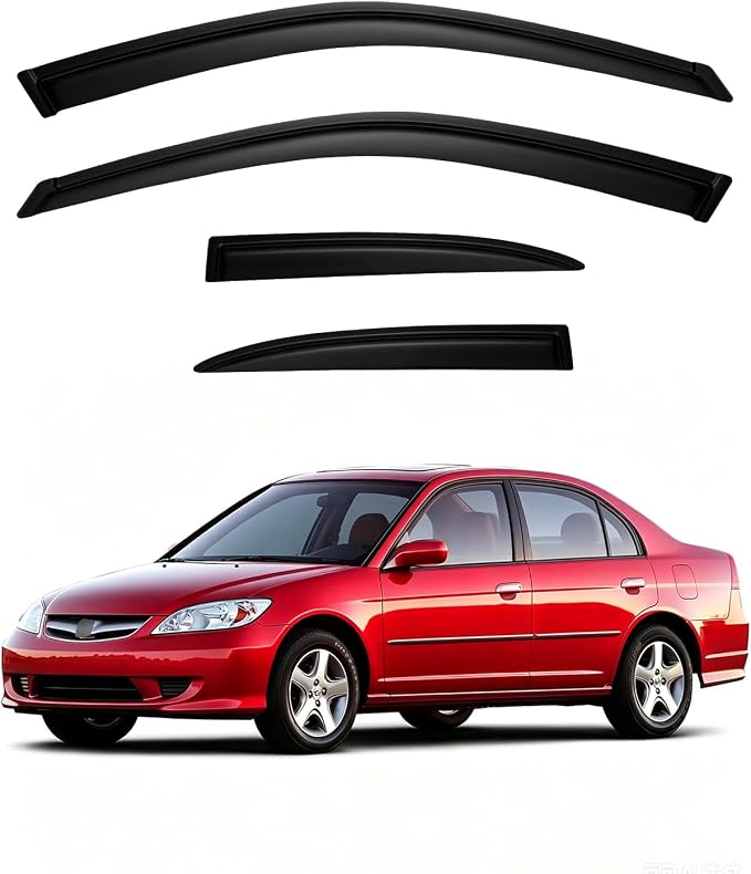Window Visors for Honda Civic 2001-2005 4-Door Sedan, Outside-Mount Rain Guards Shields Vent Deflector Shade Dark Smoke 01 02 03 04 05, Tape-On, 4PCS