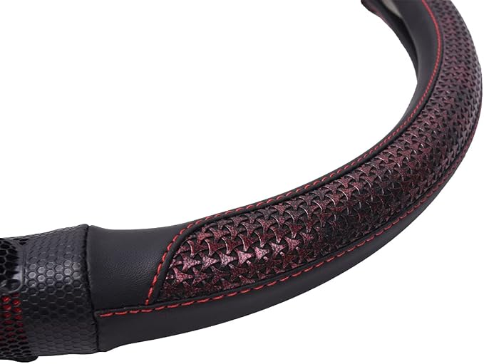 car Steering Wheel Cover Faux Leather Massage Universal fit 3D Honeycomb Hole Anti-Slip Sporty 15 Inches (Red with Black)