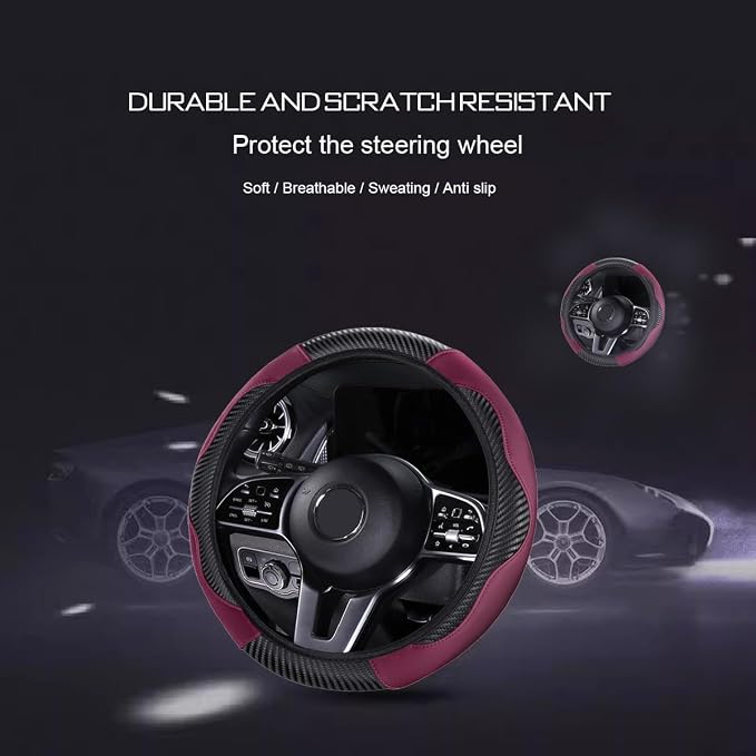 Ultra Fine Carbon Fiber Leather Steering Wheel Cover, Anti Slip and Sun Protective Protect The Steering Wheel, Easy to Install,Universal of 14.5"-15" (Wine red)