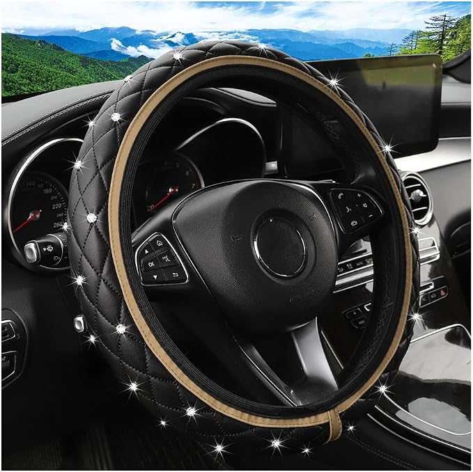 Bling Car Steering Wheel Cover, Non-Slip Elastic Stretch Leather Auto Steering Wheel Protector, Sparkling Diamond Vehicle Decor Accessories for Women Girls, Universal for Vehicles (Beige)