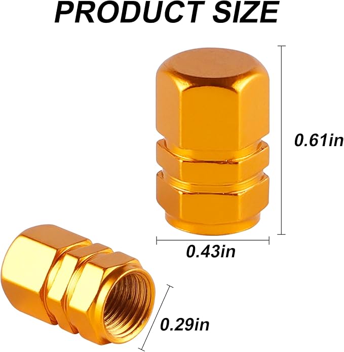 Aluminum Tire Stem Valve Caps Wheel Valve Covers Car Dustproof Tire Cap Cover Accessories, Universal for SUV, Car, Bike and Motorcycle, Hexagon Shape (4PCS Gold)