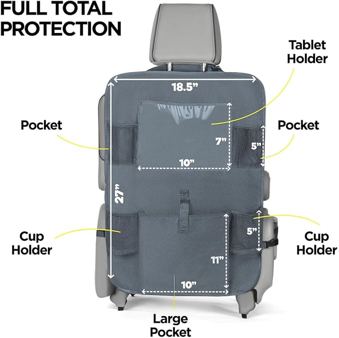 X-Large Grey Back Seat Protector For Kids + 5 Pocket Storage Organizer, 2 Pack