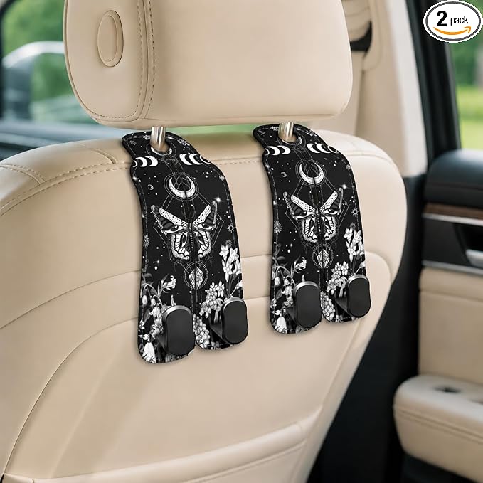 Cute Moon Phase Moth Car Seat Back Storage Headrest Hooks for Purses & Bags – 2PCS PU Leather Dual Metal Hooks, Backseat Organizer Accessories