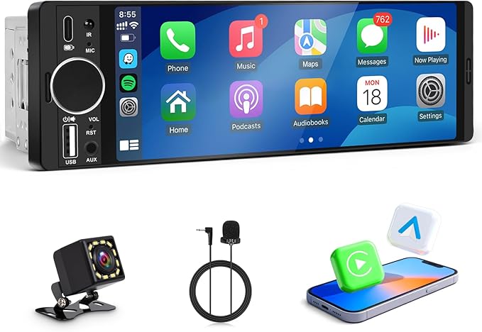 Single Din Radio for Car - Supports Apple Carplay & Android Auto，6.28 inch Single Din Touchscreen Radio with Bluetooth，Backup Camera，Enhanced Mic，USB ，SWC ，RCA，EQ，FM (Black)