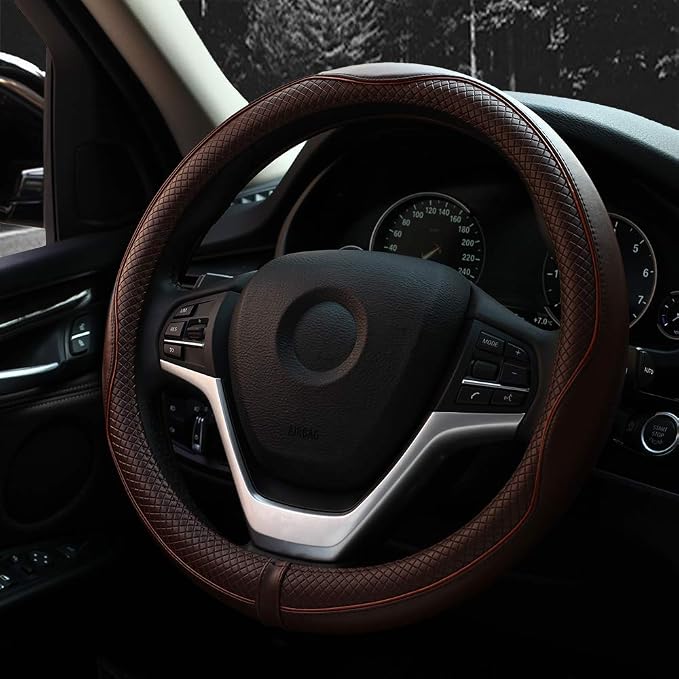 Steering Wheel Covers Universal 15 inch - Genuine Leather, Breathable, Anti Slip & Odor Free (Coffee, M(14" 1/2-15" 1/4))