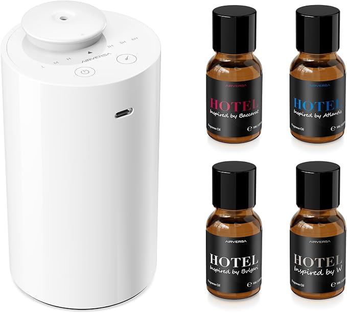 Waterless Essential Oil Diffuser Starter Kit with 4 x 10mL Hotel Scent Fragrance Oil, Battery Operated Mini Scent Air Machine Portable Diffuser for Home Car Office, AN6Kit-04 White