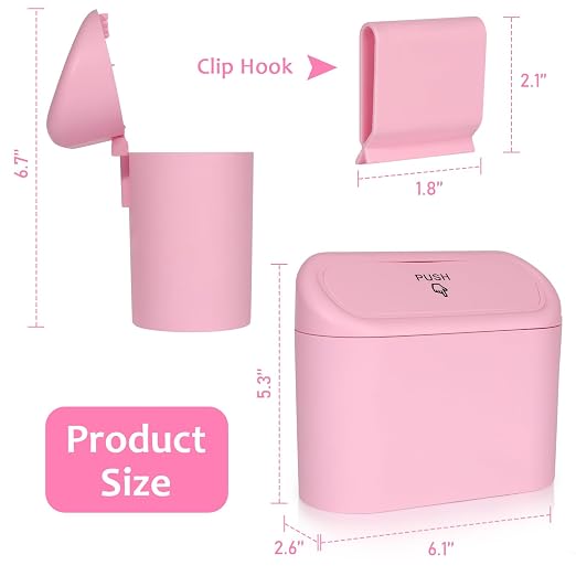 Car Trash Can with Lid, Leakproof Vehicle Garbage Organizer Holder Bin with 60 Pack Trash Bags, Mini Auto Dustbin Accessories Storage Container for Vans, SUVs, Office (Pink)
