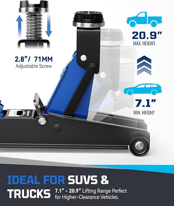 3 Ton Floor Jack, Alloy Steel Hydraulic Car Jack with Quick Lift & Cross-Shape Rubber Pad, 7.1-20.9 Inch Lifting Range for SUV Truck (6600 lbs)