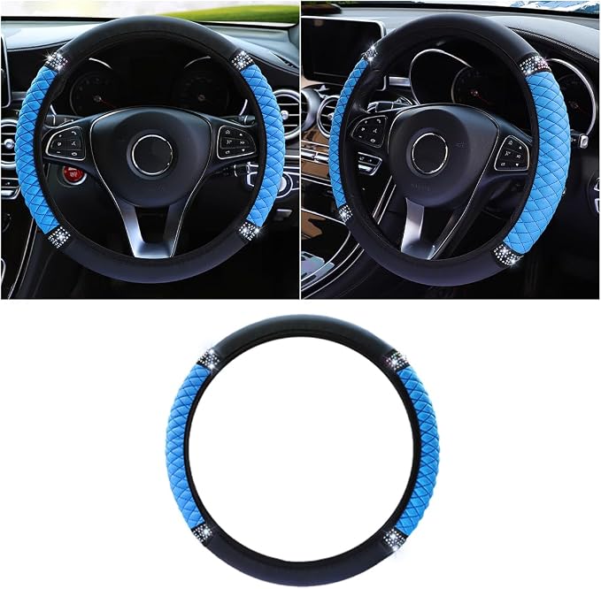 15 Inch Bling Soft Leather Car Steering Wheel Cover, Blue | Colorful Rhinestones Design, Auto Elastic Protector for Women Girls, Crystal Diamond Car Accessories for Most Cars, SUVs