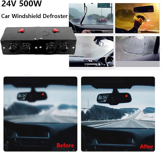 12V Car Heater Defroster, 500W Universal Windscreen Demister, 4 Holes Portable Car Defroster Windshield Heater for Truck Car Winter Defrosting Defogging Fast Heating with Mounting Accessories