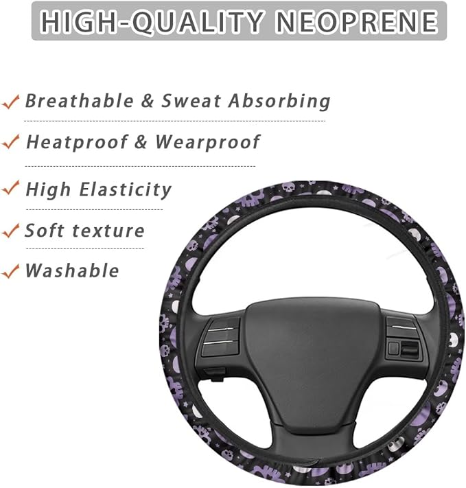 Car Steering Wheel Cover for Women Men, Soft Neoprene Stretch Anti-Slip 15 Inch Steering Wheel Protector Universal Halloween Auto Decor, Purple Skull Print