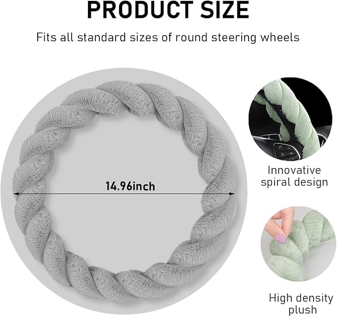 Fluffy Car Steering Wheel Cover, 15 Inches Anti-Slip Round Fuzzy Winter Steering Wheel Protector, Soft Warm Plush Steering Wheel Cover for Women Girls, Car Accessories (Gray, Round)