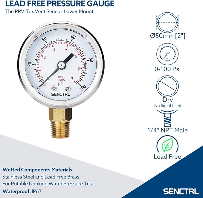 100 Psi Lead-Free Pressure Gauge, 2" Dial, 1/4 NPT Lower Mount, Waterproof, Stainless Steel Case, for Home Potable Water Tank, Well Pump, RV Regulator, Espresso, Pool Filter Test