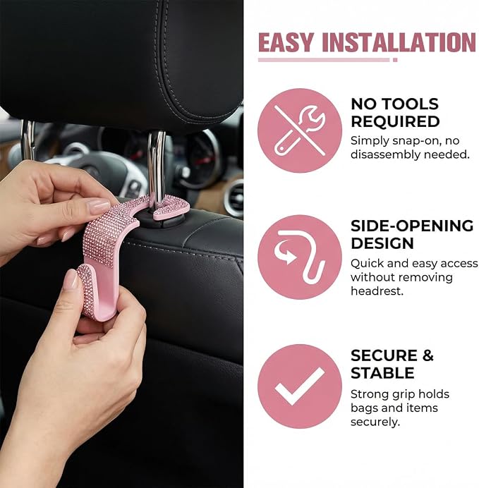 4PCS Bling Car Seat Headrest Hook, Crystal Rhinestone Backseat Hanger Organizer for Purse Handbag Umbrella, Shiny Auto Interior Seat Back Storage Holder Hook, Universal Fit (Pink2)