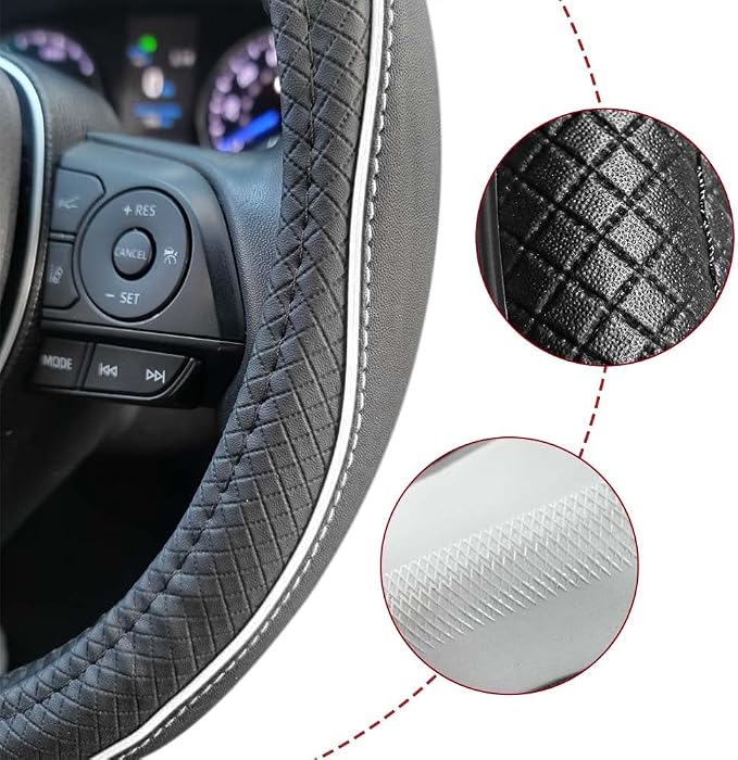 Car Steering Wheel Cover, Durable Leather Cover with Anti-Slip Lining, Breathable Auto Wheel Cover Protector, Universal 15 Inch Anti-Slip Steering Wheels for Men & Women (Black White)