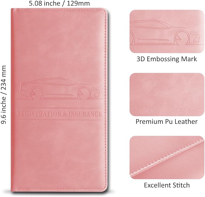 Car Accessories Registration and Insurance Holder, Leather Essential Card Magnetic Shut Vehicle Glove Box Organizer Case for Auto Driver License Document Truck Motorcycle Boat - Pink