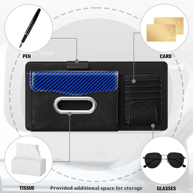 Car Sun Visor Organizer, Carbon Fiber Visor Glasses Tissue Card Holder Storage Pocket Pouch, Multifunctional Auto Sunshade Organizer Case Bag for Pens Documents Napkin, Universal Fit (Blue)
