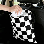Black White Chessboard Car Trash Bag - Waterproof Car Trash Bag Hanging Leakproof Car Garbage Bag - Washable Reusable Trash Bag For Car Interior Hanging Organizer Storage Vehicle Travelling Camping