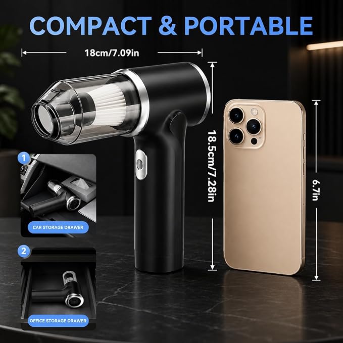 Handheld Vacuum Cordless 12000PA Real Strong Suction,Portable Small Car Vacuum Cleaner with 4 Modes & 4000mAh Rechargeable Battery,3 Filter,7-in-1 Cleaning Kit for Home Office Car Pet (Black)