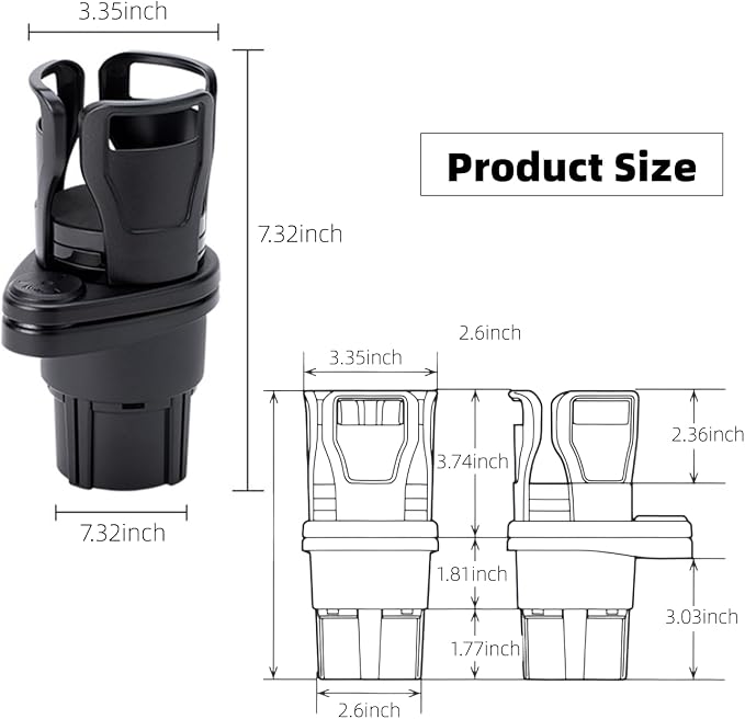 Car Cup Holder Expander, 2-in-1 Multifunctional Adjustable Drink Holder, Black Universal Beverage Organizer for Vehicle Console, 7.32 x 3.35 Inch