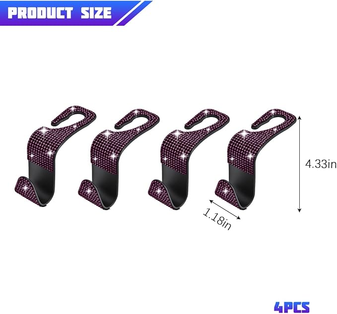 Bling Car Seat Headrest Hooks, 4PCS Crystal Rhinestone Vehicle Back Seat Hanger Holder for Handbags Purses Coats, Automotive Headrest Storage Organizer, Universal for RV SUV Truck (Purple)
