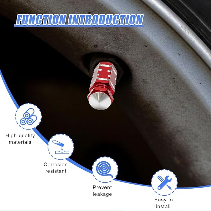 4PCS Tire Valve Stem Caps, Aluminum Tire Valve Cap, Dustproof Leak-Proof Wheel Valve Cover, Corrosion-Resistant Hexagon Stem Covers, Universal for Cars, SUVs, Trucks, Motorcycles, Bikes (Red)