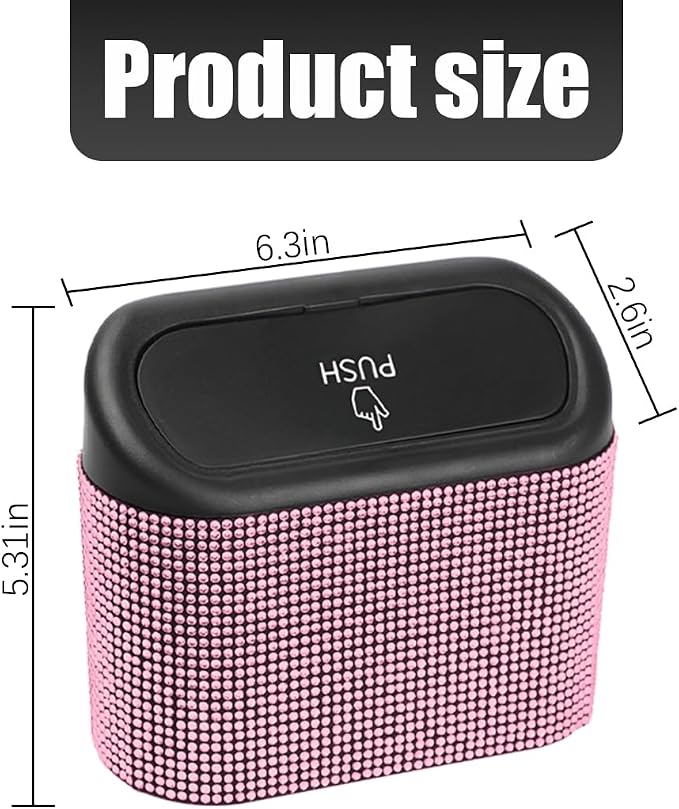 Bling Car Trash Can with Lid, Crystal Rhinestones Leakproof Auto Garbage Hanging Container Bin, Multipurpose Diamond Dustbin Storage Organizer, Universal Vehicle Accessories (Pink)