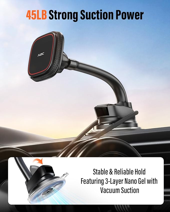 Upgraded for MagSafe Car Mount, Magnetic Car Phone Holder with Flexibile Gooseneck Arm, Suction Cup Holder for Windshield Window Dashboard, Fit for iPhones Smartphones