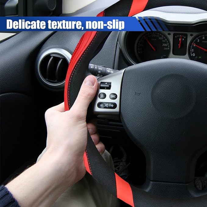 Car Steering Wheel Cover, 15 Inch Leather Anti-Slip Breathable Automotive Steering Wheel Protector, Universal Heat Resistant Vehicle Interior Accessories Cars, SUVs, Trucks(Red)