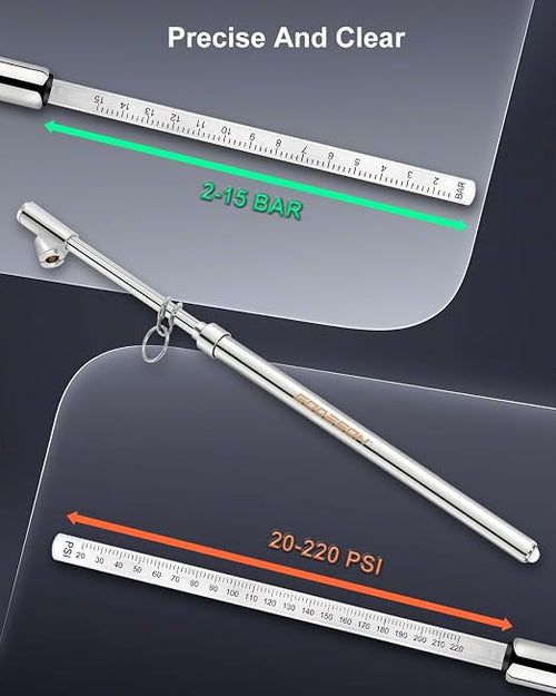 13.5" Dual Head Tire Pressure Gauge, 20-220PSI/2-15Bar High Accuracy Semi trcuk tire Gauge, Heavy Duty Pencil Pressure Gauges Checker for RV & Truck, Stainless Steel Solid Body, Portable