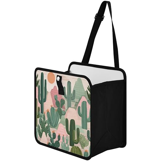 Car Trash Can Organizer Bin with Adjustable Strap for Back Front Seat Console Waterproof Leakproof Collapsible Portable 8.66 Inch Boho Cacti Mountains and Sun