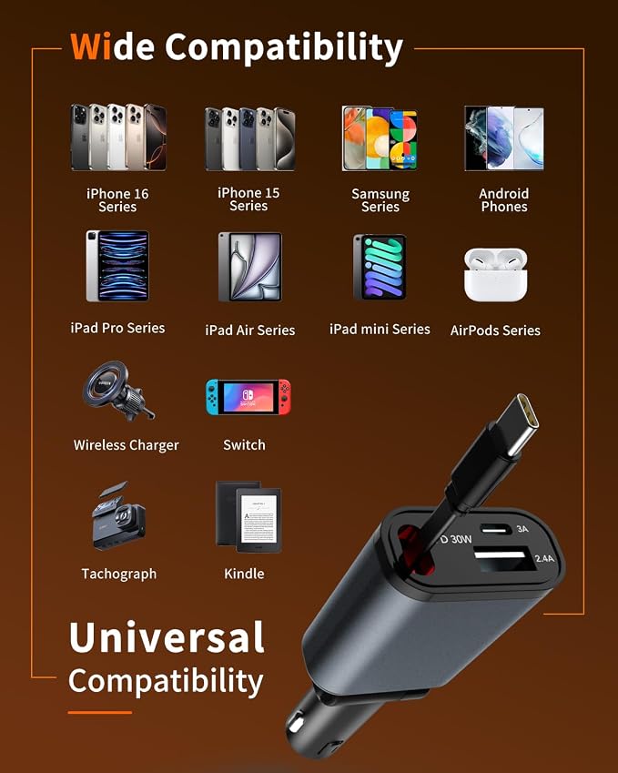 Retractable Car Charger, 3 in 1 Fast Car Phone Charger 50W, 1 TypeC Retractable Cables and USB Port,USB C Car Charger Compatible with iPhone 17/17 Pro Max/16/15/14/13/12/11,for Galaxy S25,Pixel 10